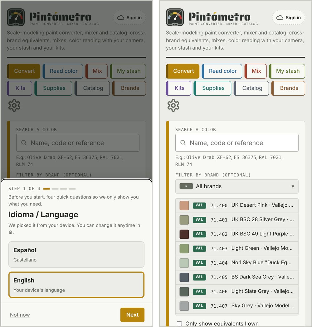 The welcome (first step, language) and the menu with the sections