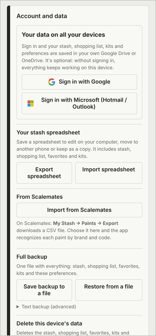 ⚙ › Account and data: sign in with Google or Microsoft, spreadsheet, Scalemates and backup