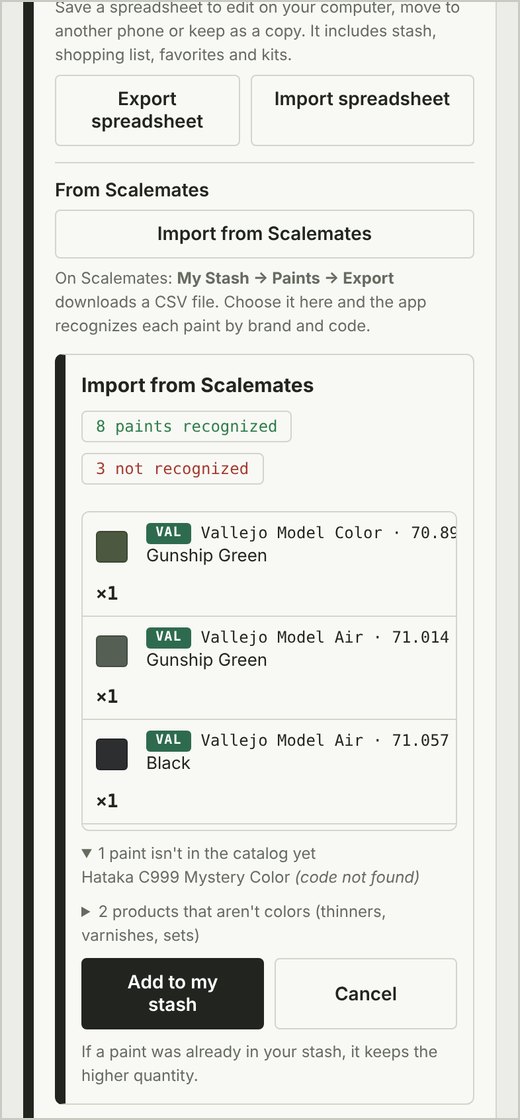 Result of importing a sample Scalemates file: 8 paints recognized, 3 not recognized and the Add to my stash button