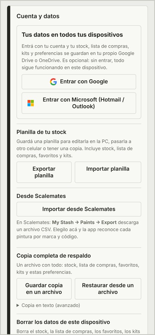 ⚙ › Cuenta y datos: entrar con Google o Microsoft, planilla, Scalemates y copia
